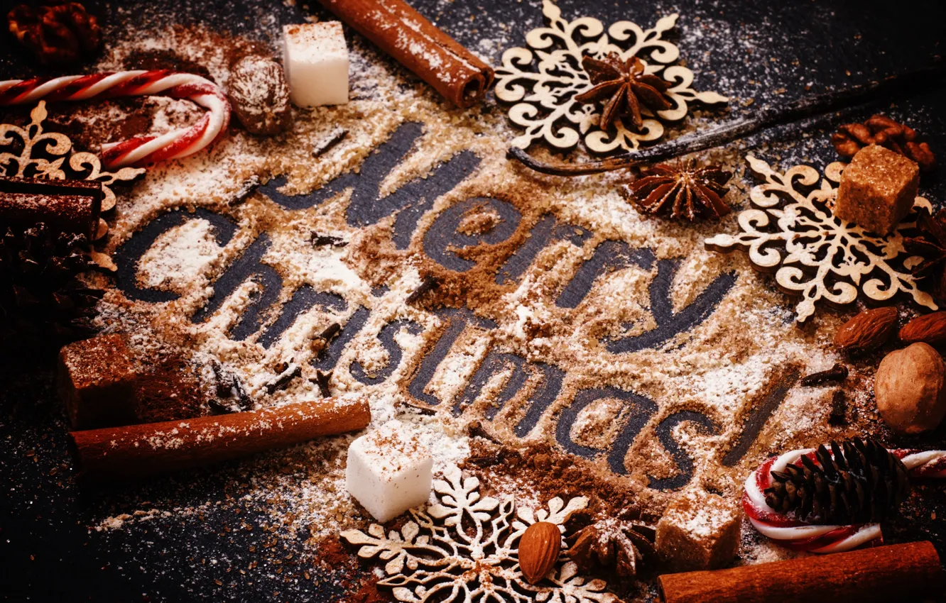 Photo wallpaper decoration, New Year, Christmas, sugar, nuts, cinnamon, Christmas, wood