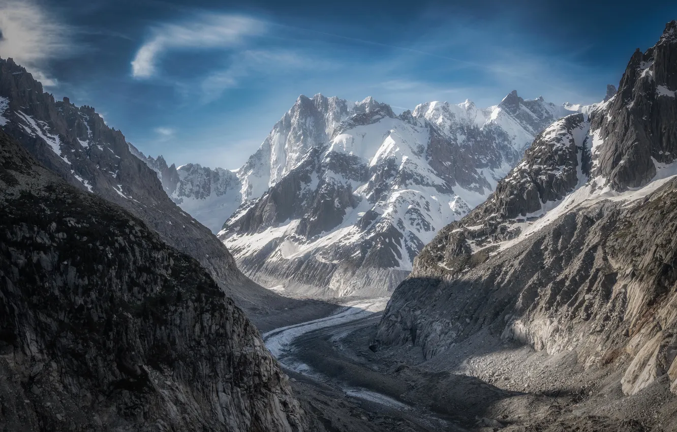 Photo wallpaper river, landscape, nature, mountains, snow, gorge