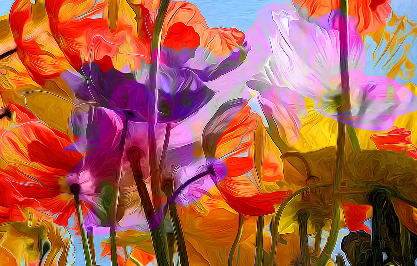 Photo wallpaper line, flowers, rendering, paint, petals, stem