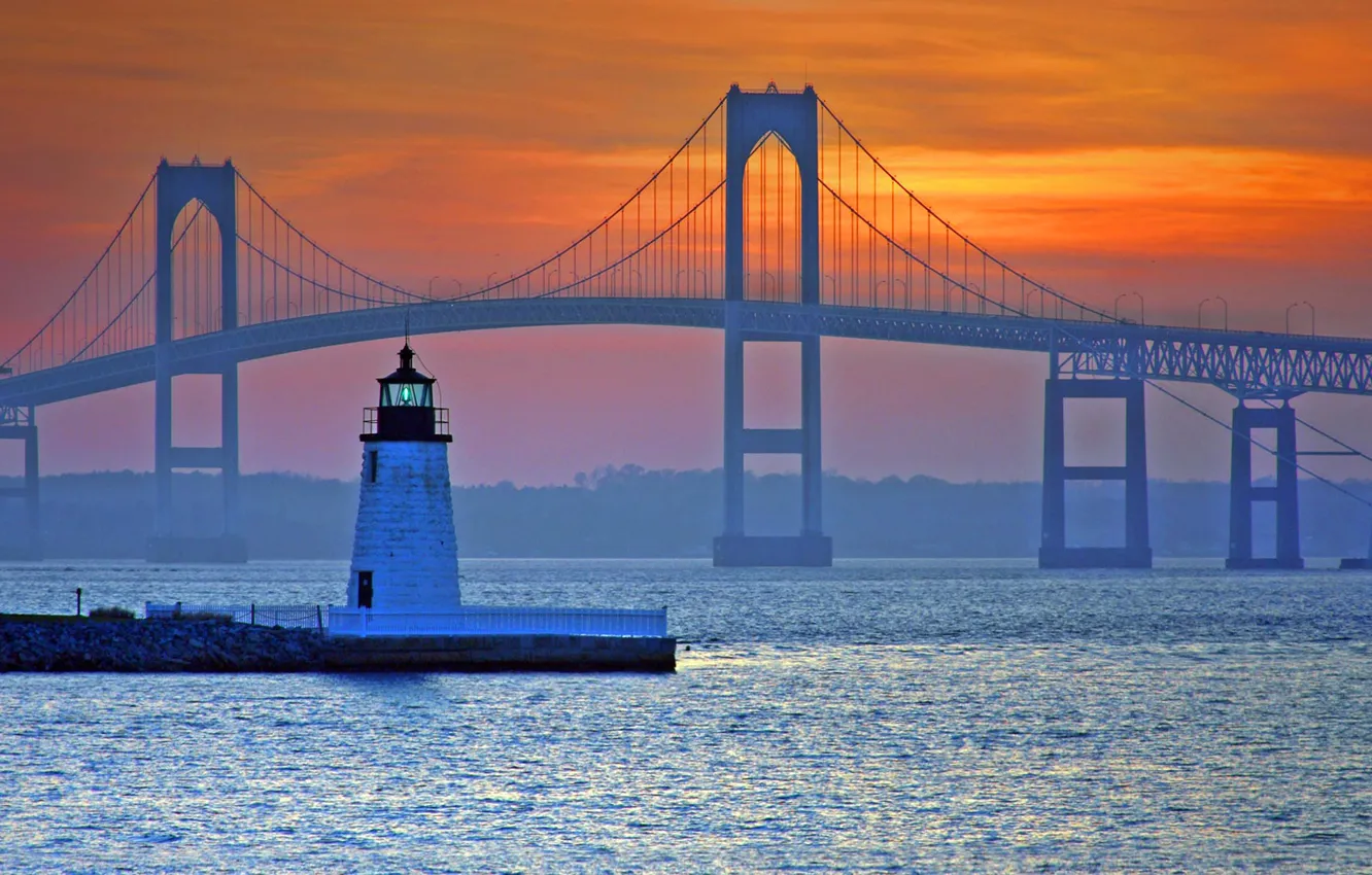 Photo wallpaper bridge, lighthouse, USA, Newport, Rhode Island, Claiborne Pell