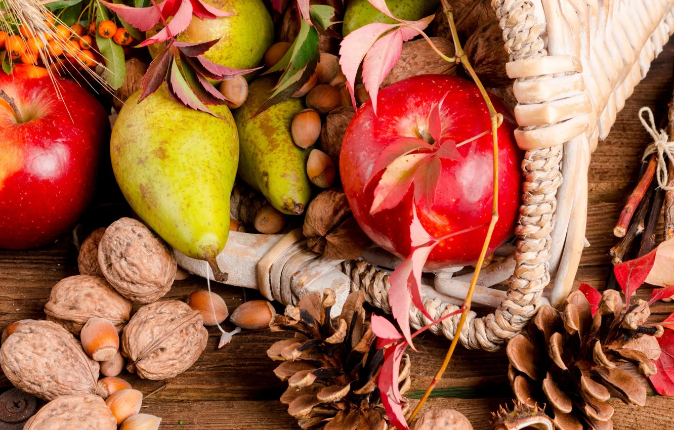 Photo wallpaper autumn, apples, nuts, pear, autumn gifts