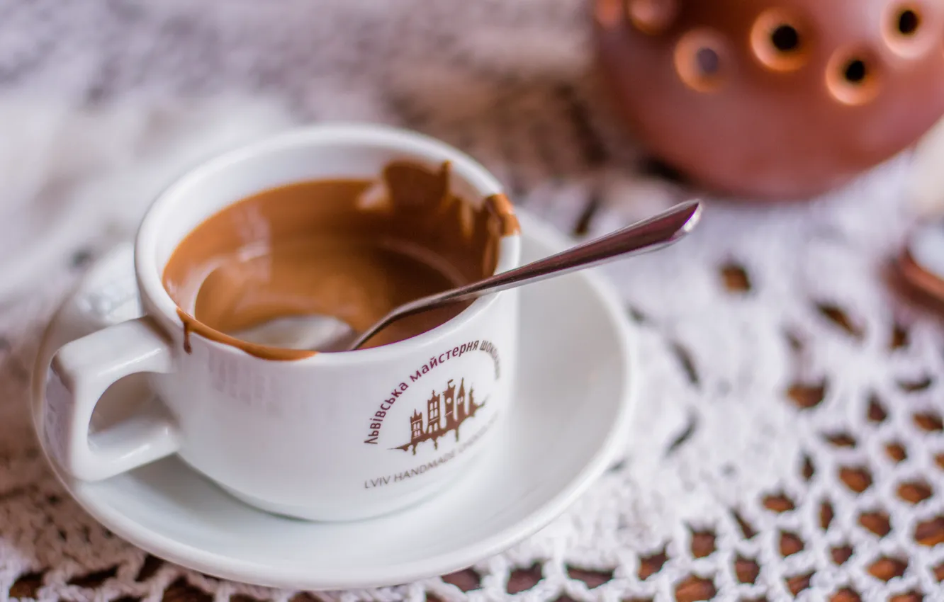Photo wallpaper chocolate, spoon, Cup, Lviv chocolate shop, melted, milk, Molochniy chocolate, sweets