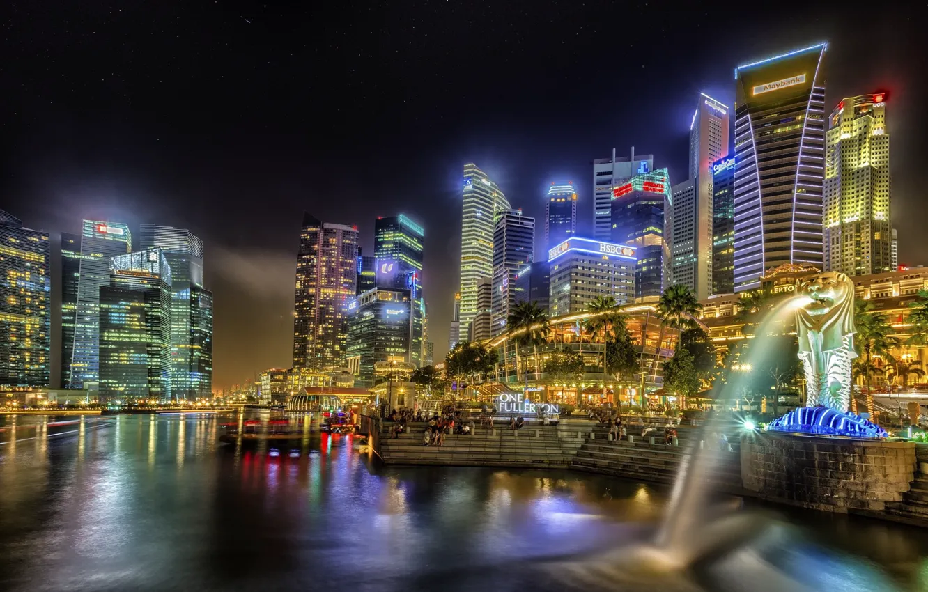 Photo wallpaper night, the city, lights, Singapore, fountain, illumination