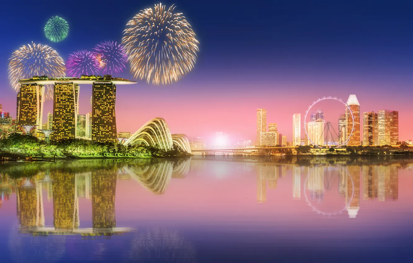 Photo wallpaper sea, landscape, lights, lights, skyscrapers, salute, Singapore, architecture