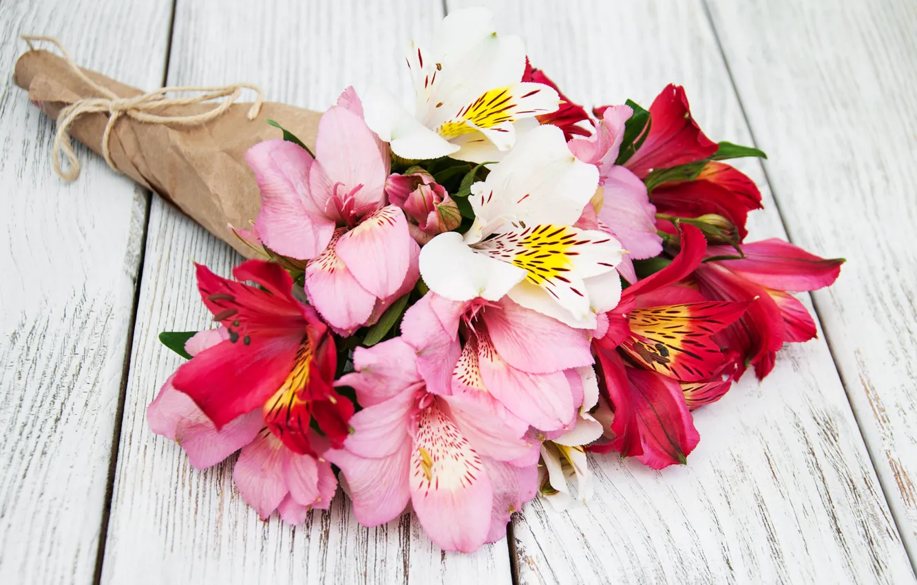 Photo wallpaper flowers, Lily, bouquet, pink, wood, pink, flowers, lily
