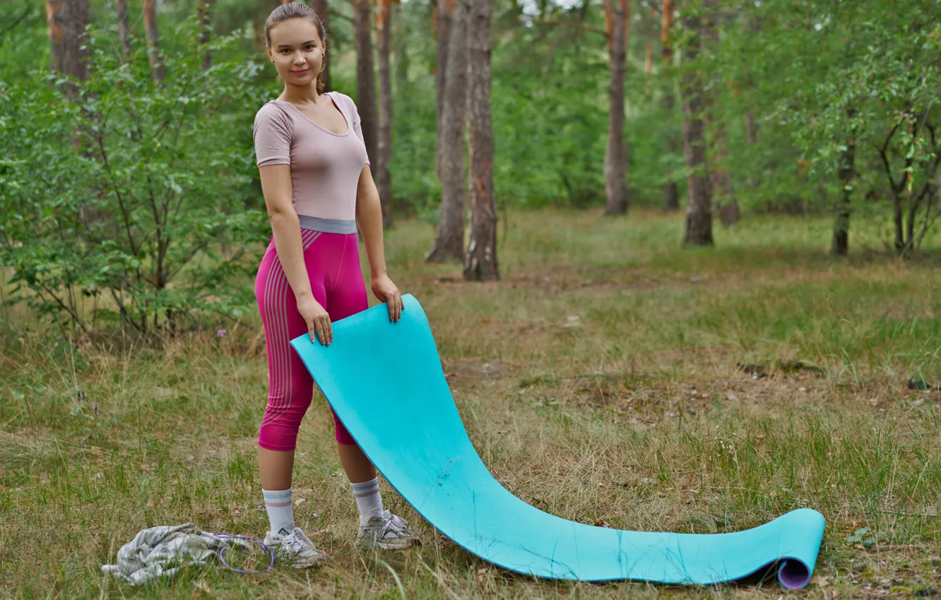 Photo wallpaper green, grass, forest, cleavage, blouse, trees, woman, young