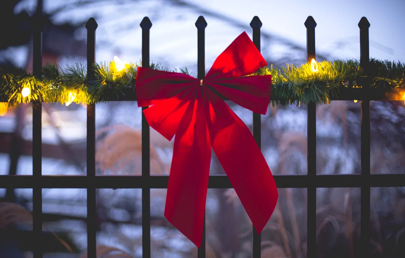 Photo wallpaper winter, red, lights, the fence, fence, rods, garland, bow