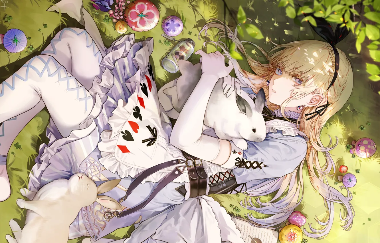 Photo wallpaper mushrooms, Bank, Alice in Wonderland, Alice in Wonderland, Alice, apron, lying on the grass, white …