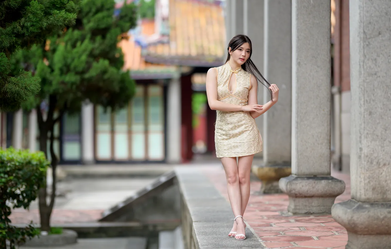 Photo wallpaper girl, pose, dress, legs, Asian