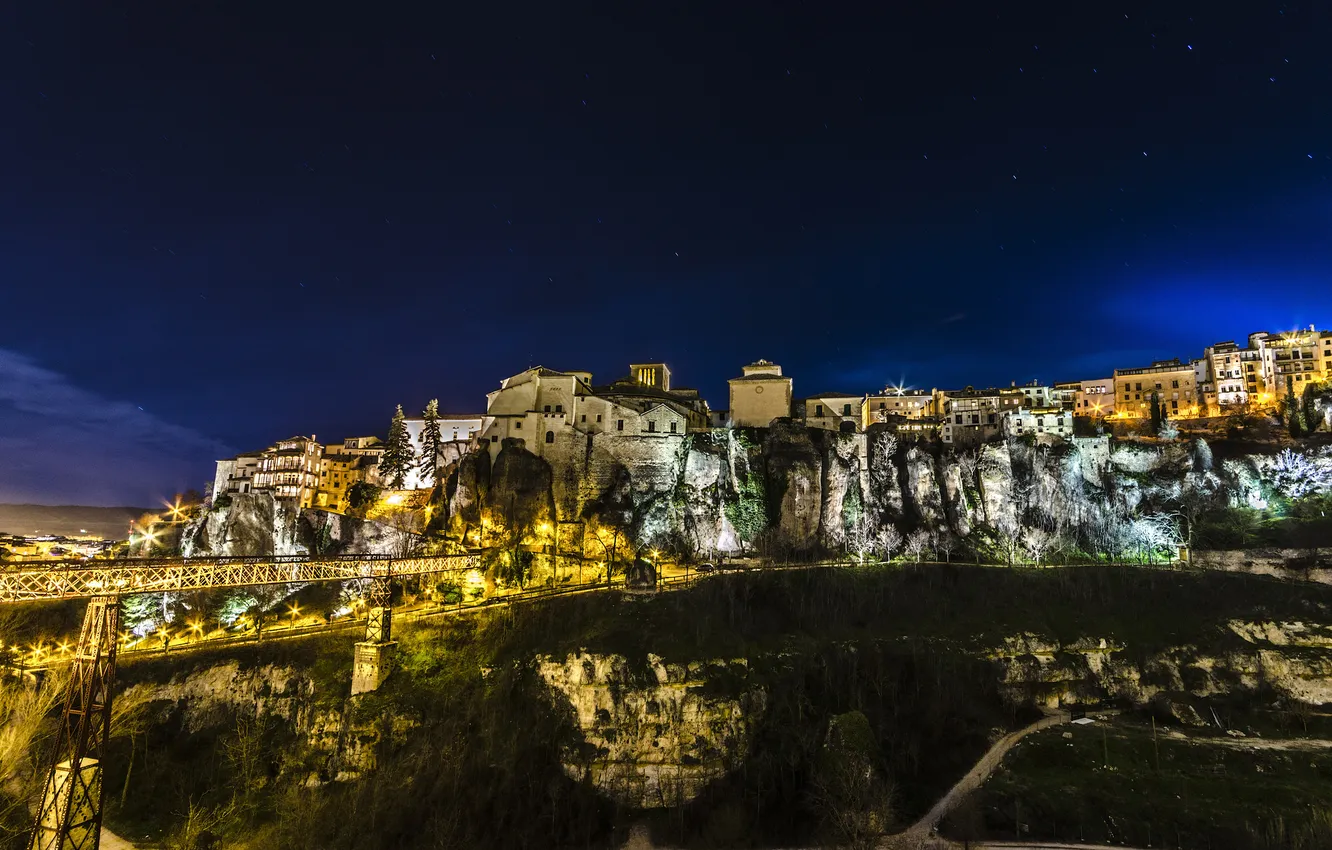 Photo wallpaper landscape, night, lights, home, Spain, Cuenca