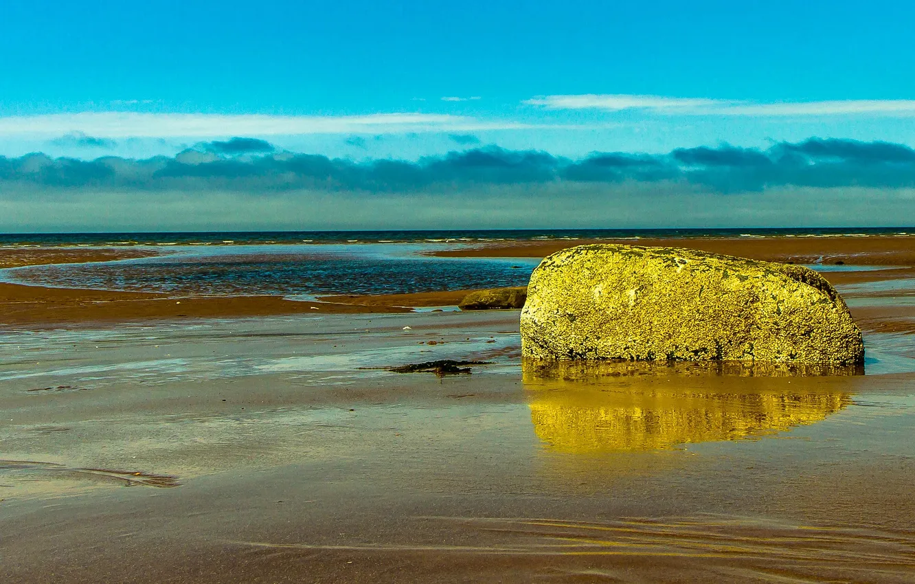 Photo wallpaper sea, the sky, clouds, shore, stone, tide