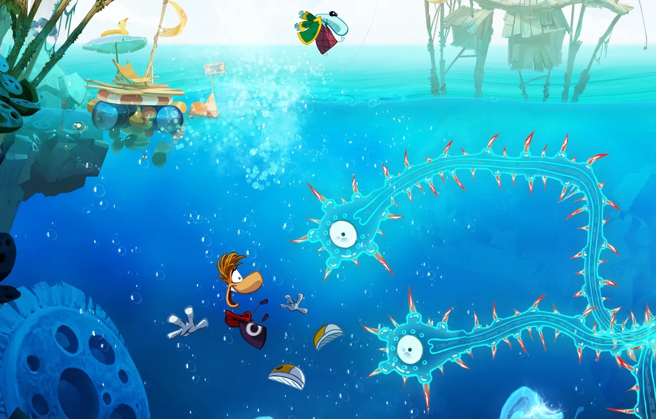 Photo wallpaper blue, the game, jellyfish, tentacles, Rayman, Water World, Rayman Origins, The teensies