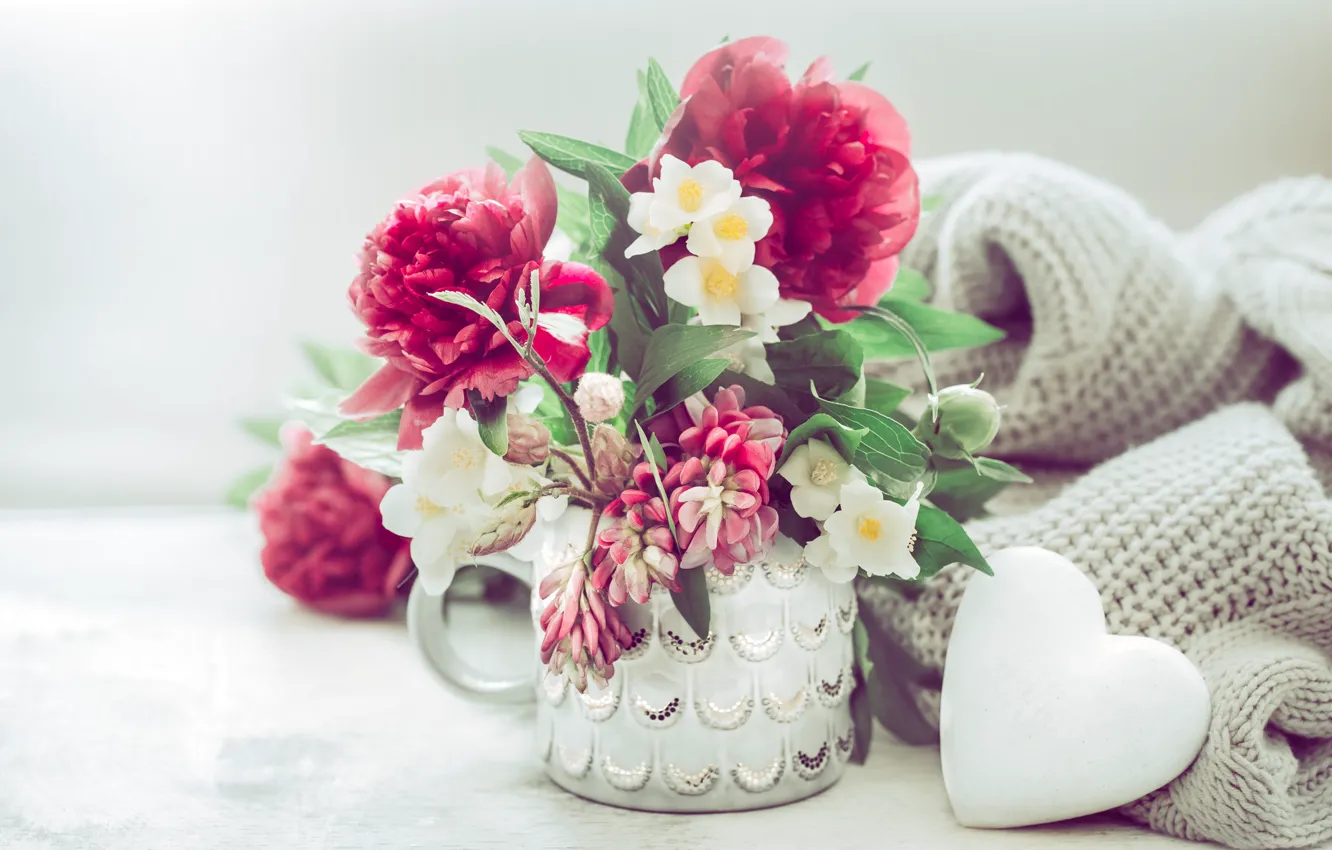 Photo wallpaper flowers, vase, peonies, decor, @pvproductions