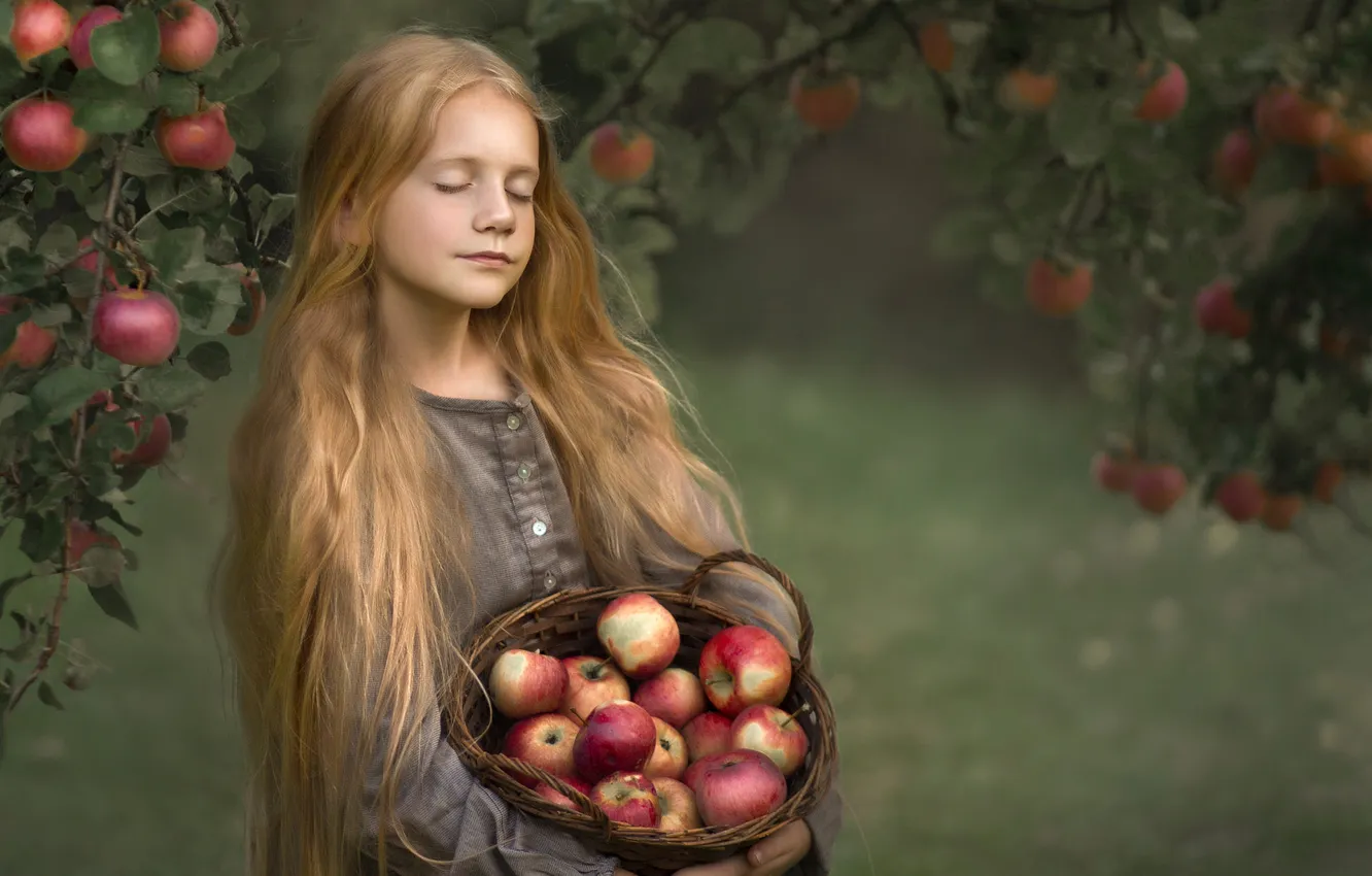 Photo wallpaper apples, garden, girl