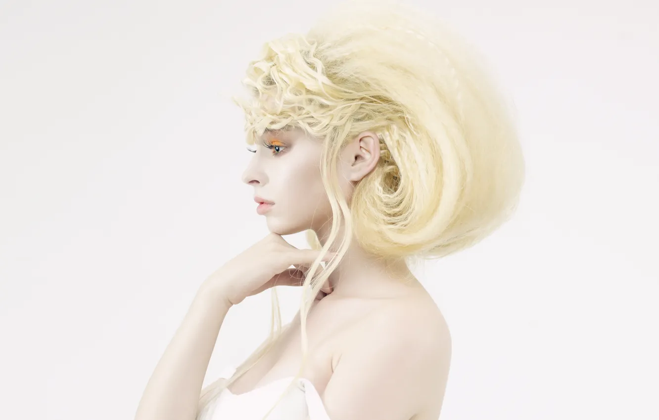 Photo wallpaper girl, hairstyle, blonde, profile, curls, white