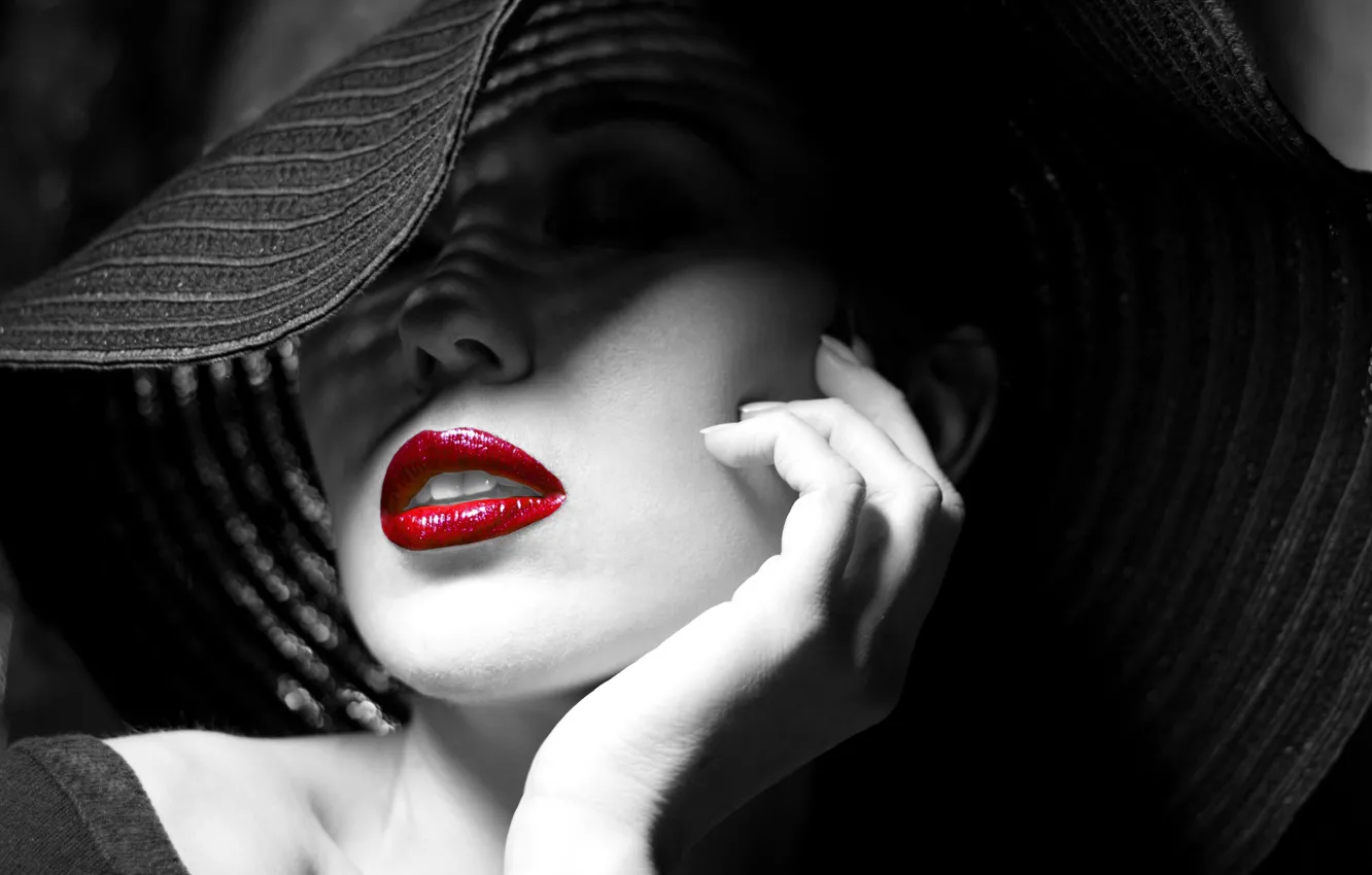 Photo wallpaper girl, face, hands, makeup, lipstick, lips, hat