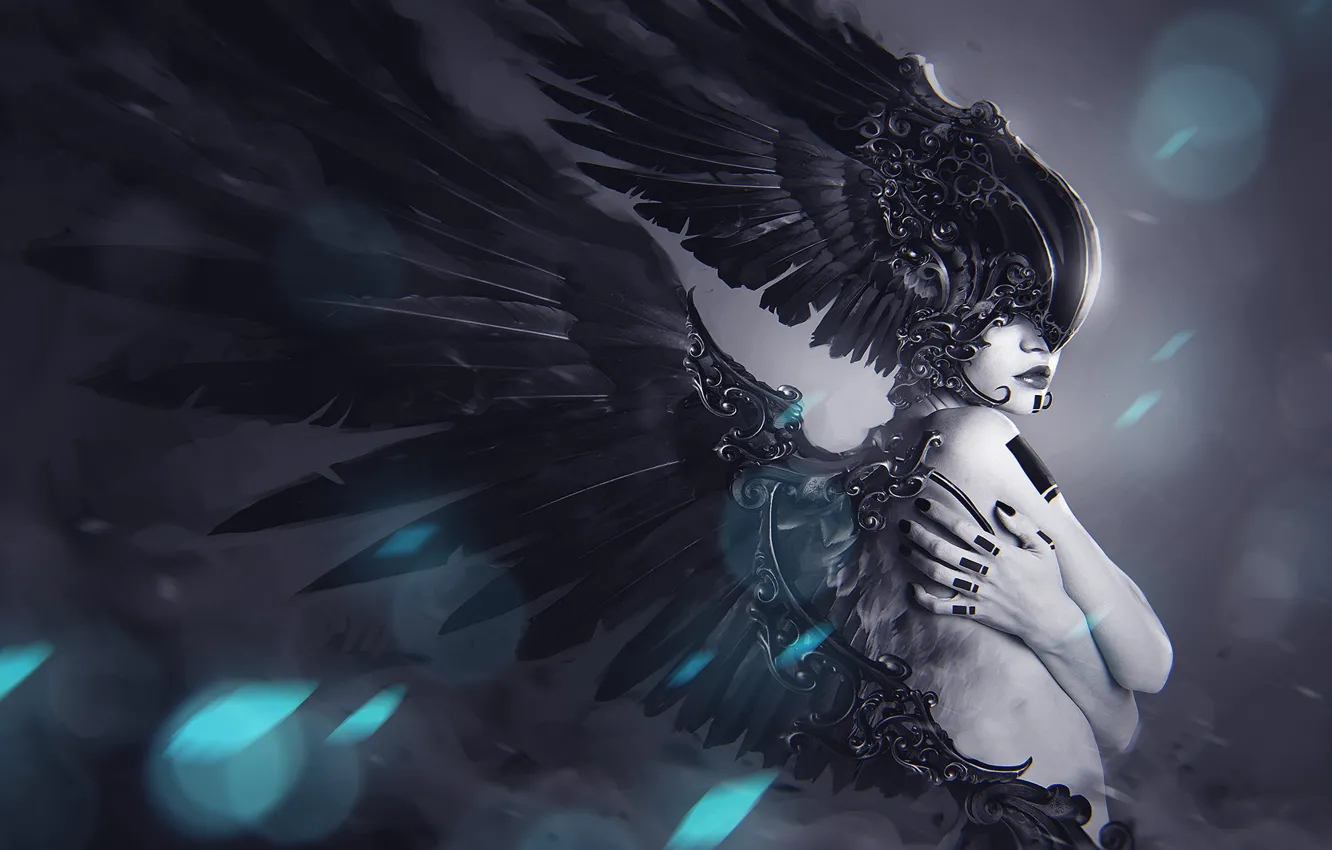 Photo wallpaper girl, feathers, mask