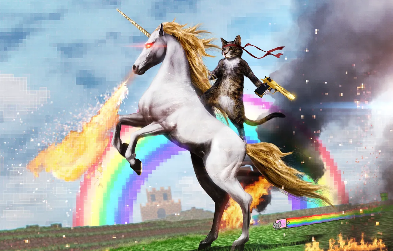 Photo wallpaper Figure, Gun, Fire, Cat, Rainbow, Flame, Unicorn, Pixels