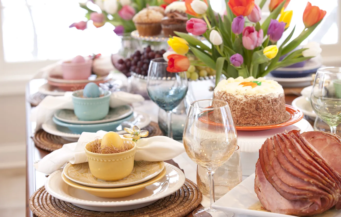 Photo wallpaper bread, plates, decoration, egg, utensils, napkins