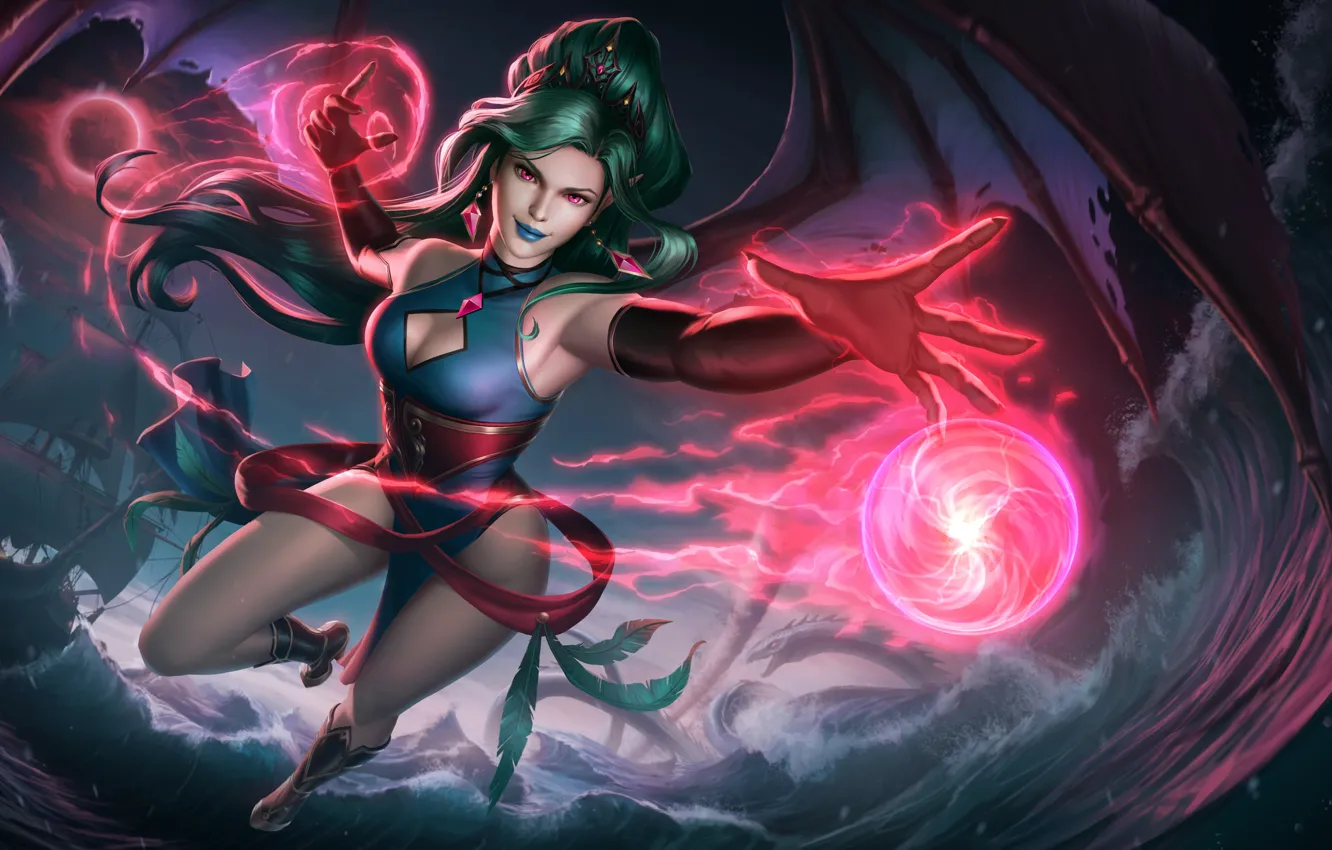 Photo wallpaper sea, wave, chest, girl, night, fiction, magic, ship