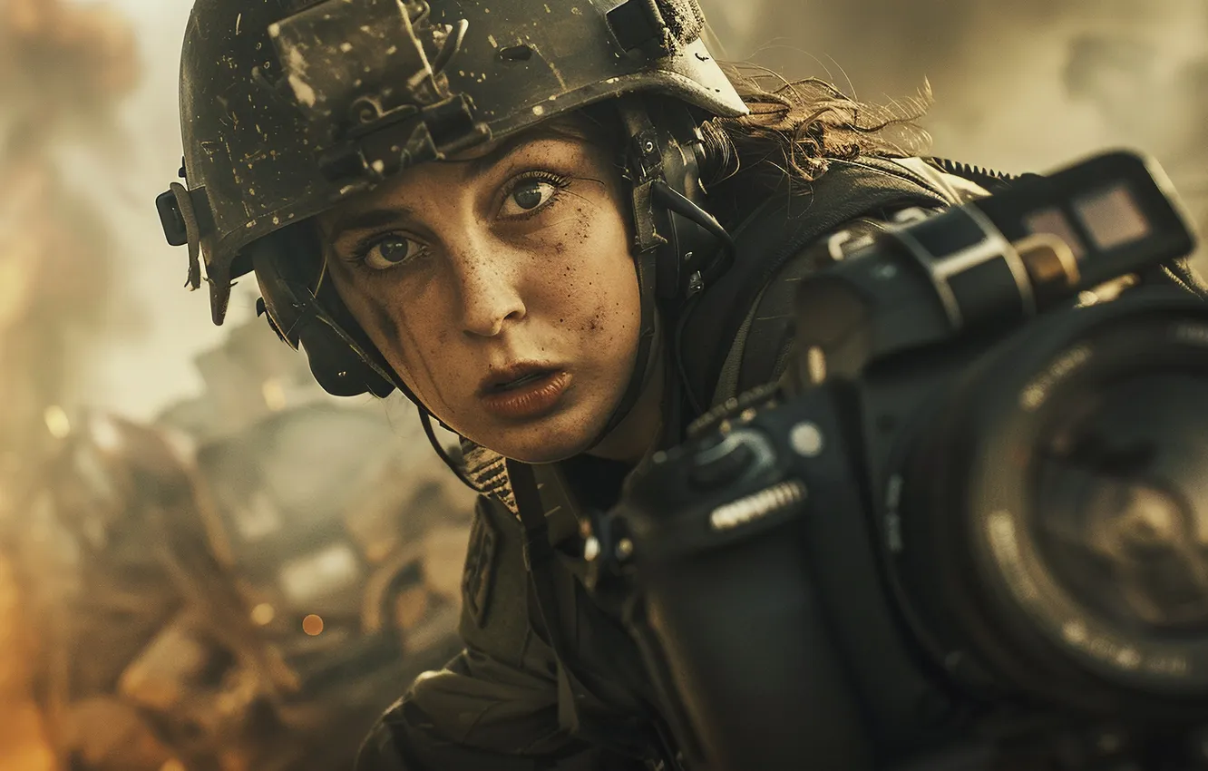 Photo wallpaper look, girl, the camera, digital art, AI art, The Art of Artificial Intelligence, War and …