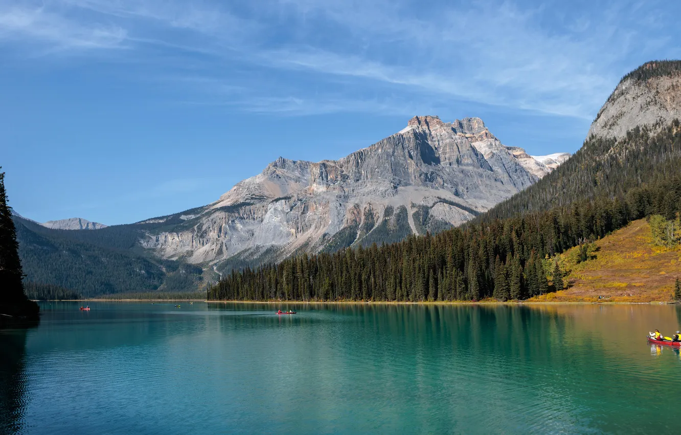 Photo wallpaper forest, mountains, lake, blue, boat
