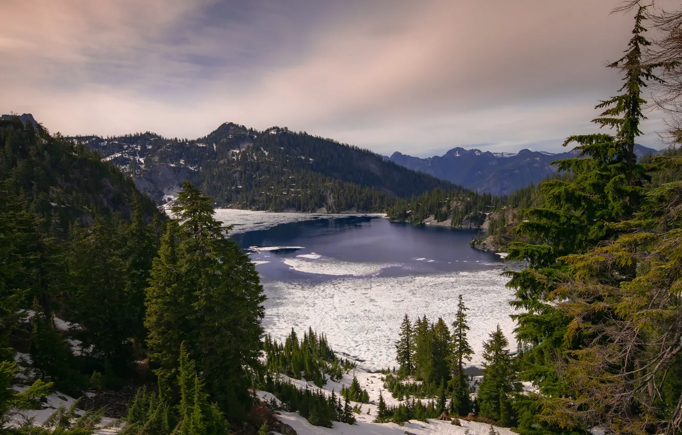Photo wallpaper winter, forest, snow, mountains, lake, view, ate, pond