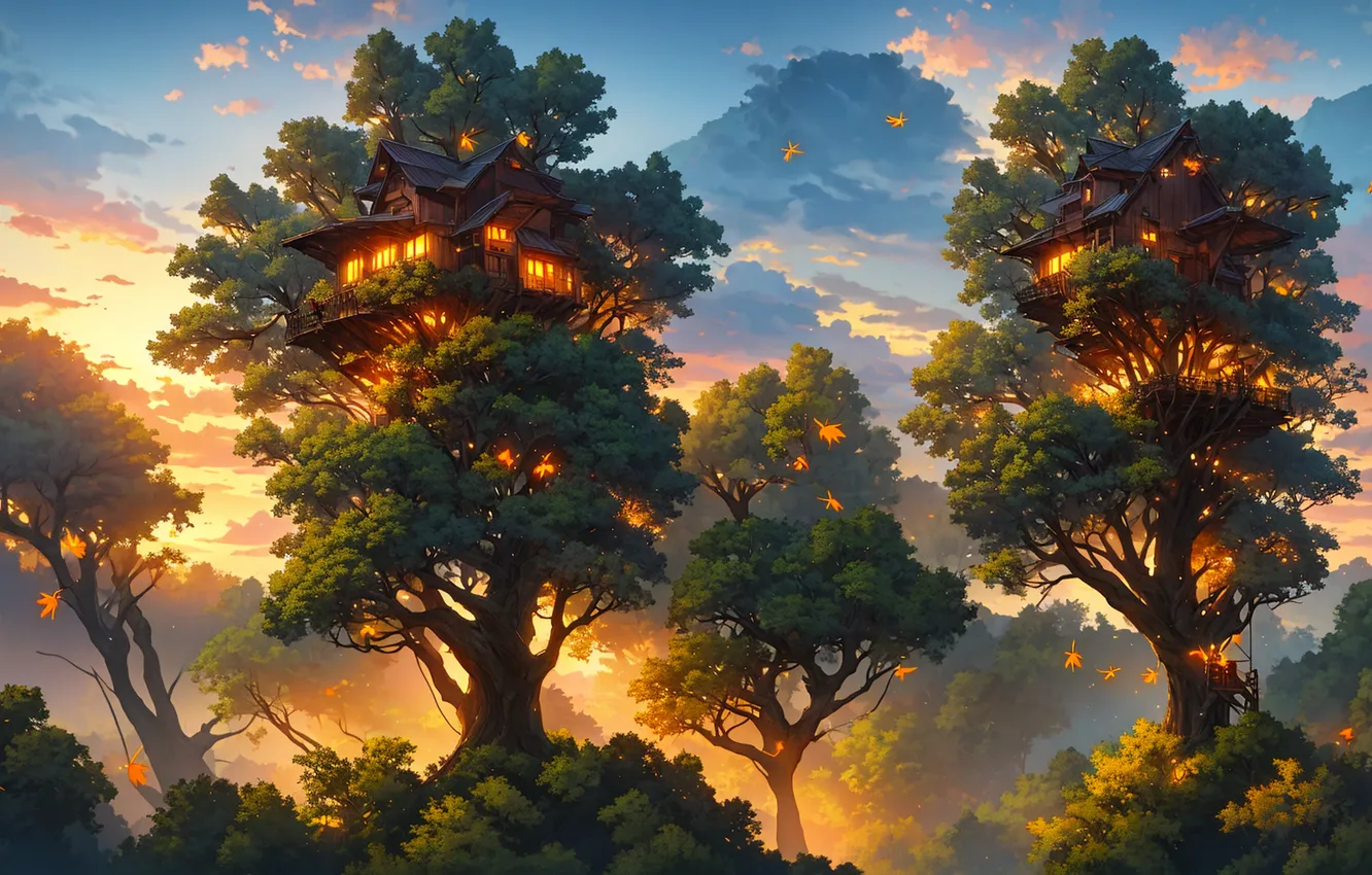 Photo wallpaper wallpaper, house, fantasy, forest, trees, sunset