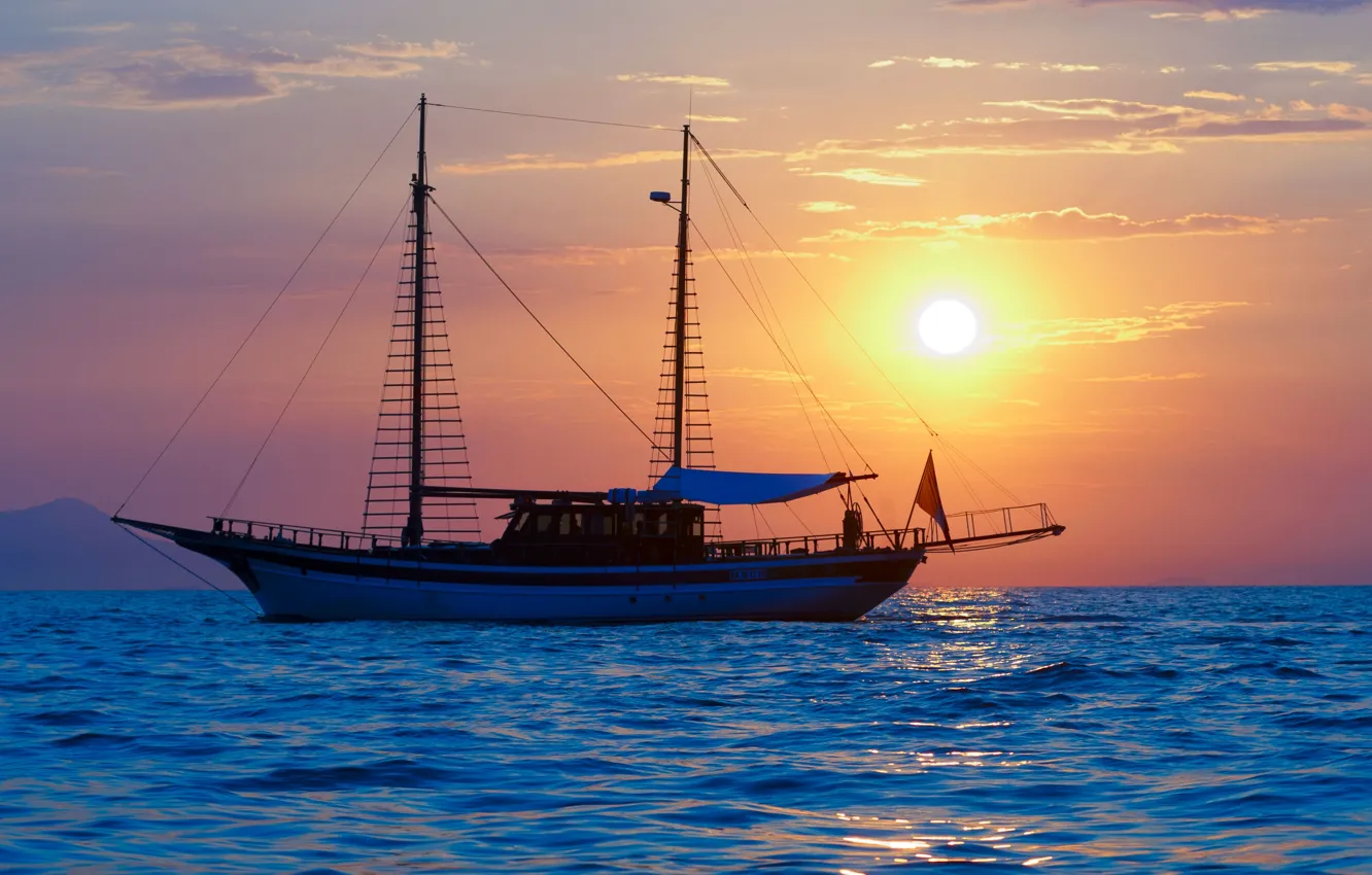 Photo wallpaper sea, the sun, ship, the evening, Italy, Italy, mast, La Spezia