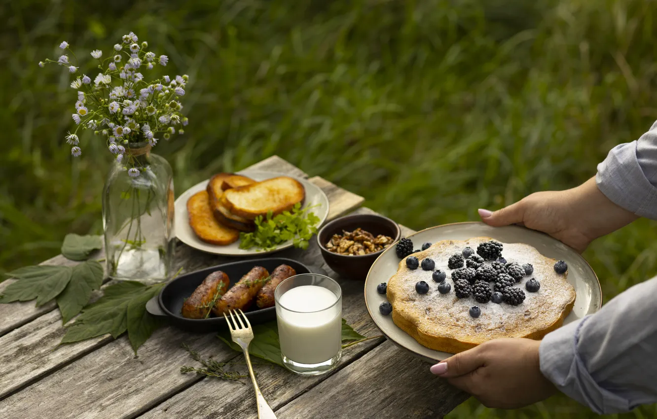 Photo wallpaper summer, grass, leaves, flowers, glass, berries, table, glade