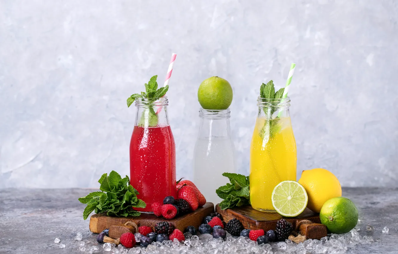 Photo wallpaper berries, raspberry, lemon, blueberries, strawberry, lime, drink, mint