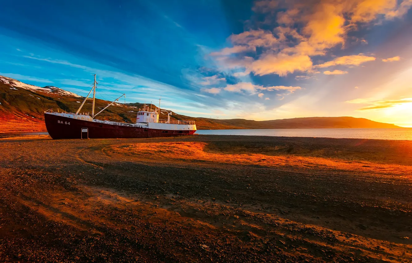 Photo wallpaper sea, the sky, the sun, clouds, dawn, coast, ship, broke