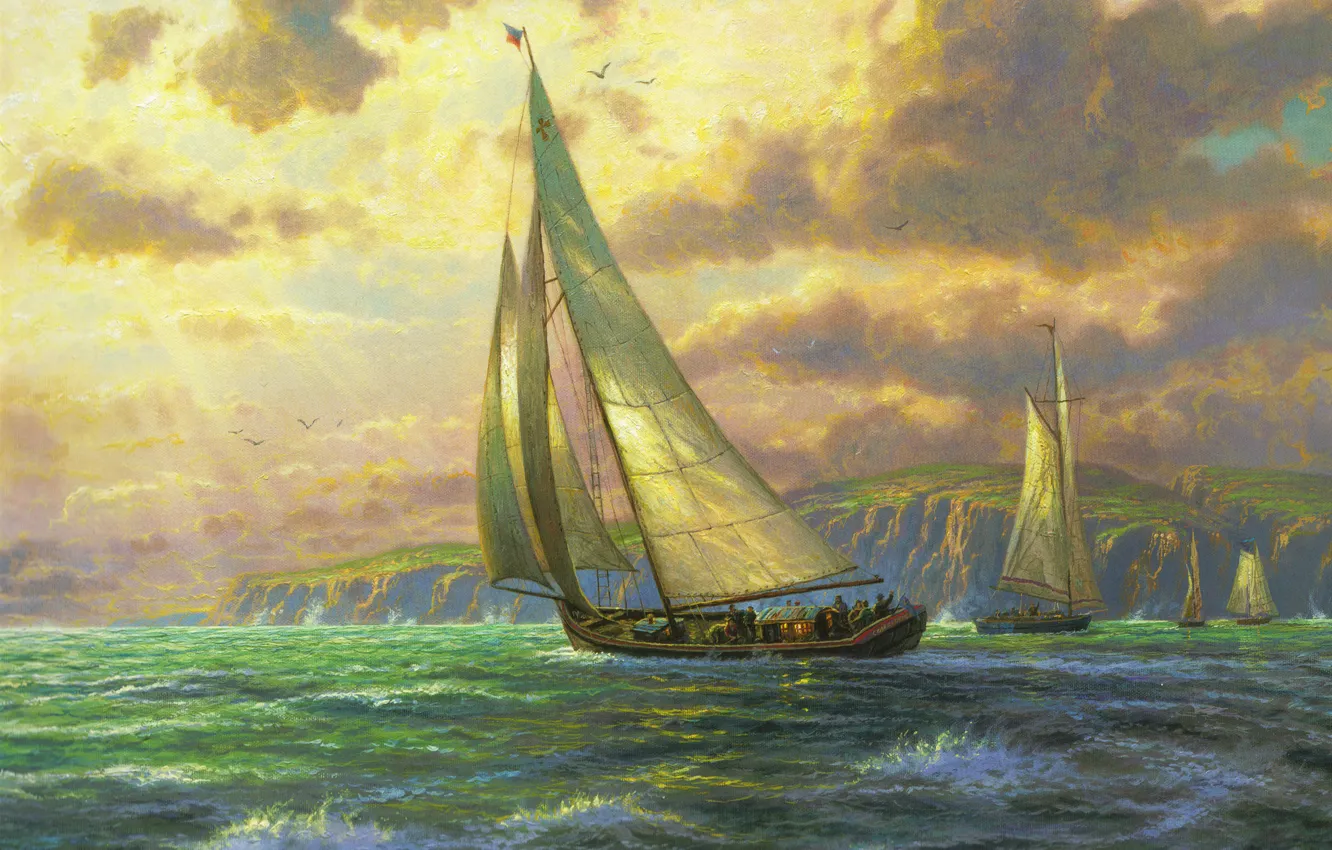 Photo wallpaper sea, wave, sail, painting, sea, Thomas Kinkade, sailboats, painting