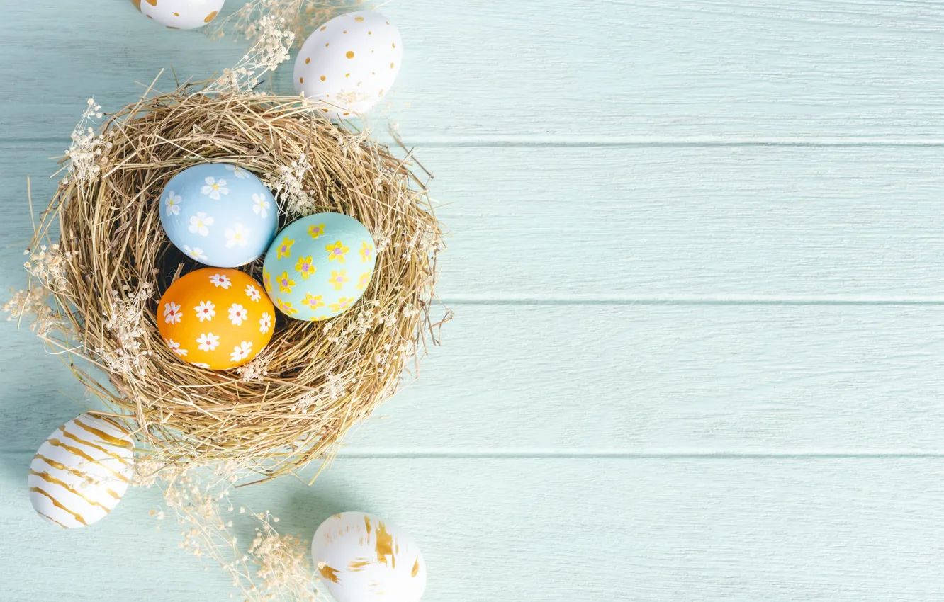 Photo wallpaper blue, yellow, eggs, holiday, flowers, white, Easter, eggs