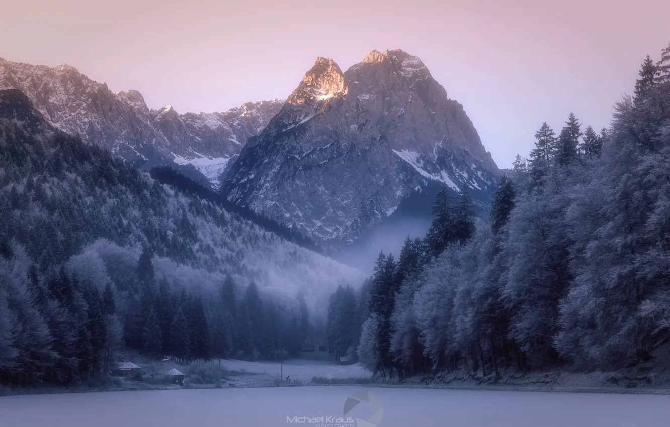 Photo wallpaper winter, frost, forest, snow, mountains, nature, haze