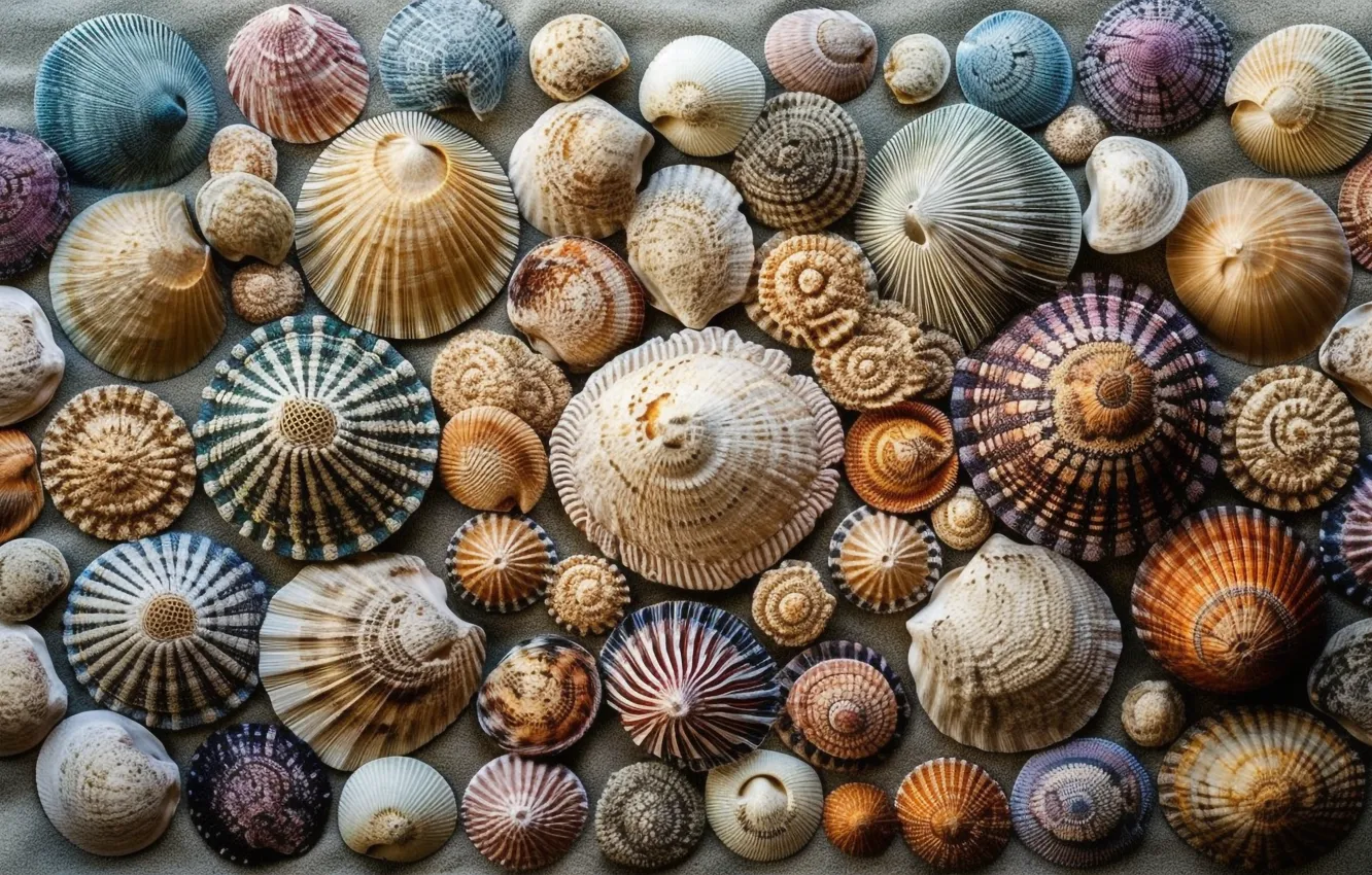 Photo wallpaper sink, shell, a lot, collection, shellfish, digital art, AI art, The Art of Artificial Intelligence