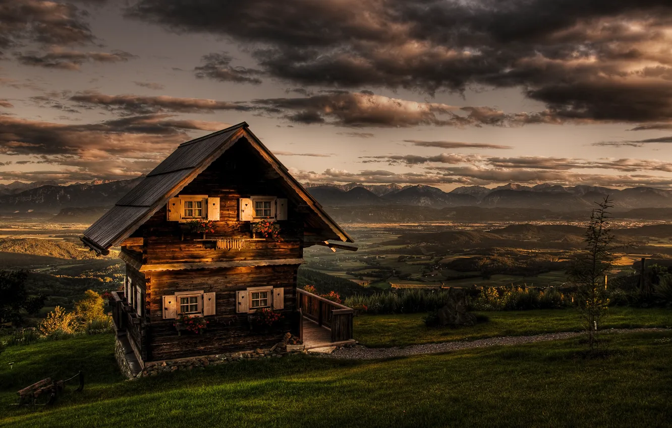 Photo wallpaper greens, clouds, mountains, HDR, Austria, carinthia austria, Romantic Cottage, magdalensberg austria