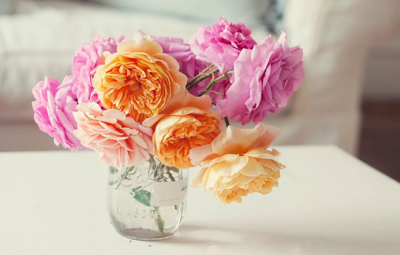 Photo wallpaper table, vase, Roses