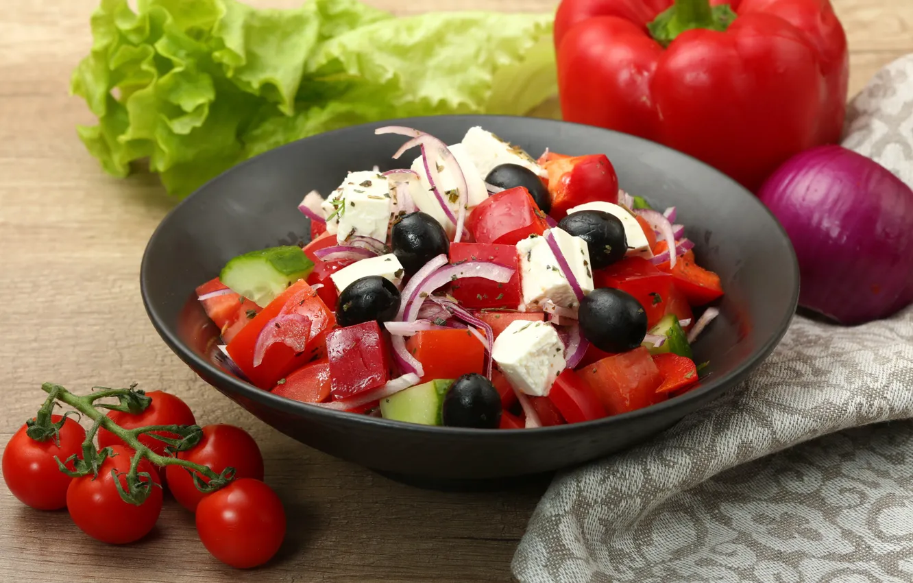 Photo wallpaper bow, pepper, tomatoes, salad, olives, Greek, feta