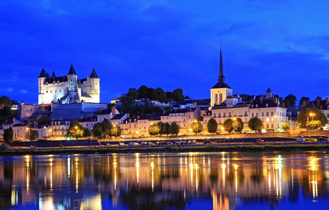 Photo wallpaper night, river, twilight, the reflection in the water, dusk, The Loire Valley, The Castle Of …