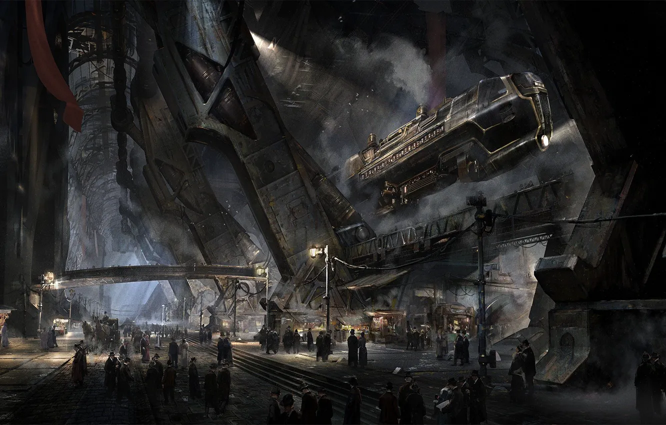 Photo wallpaper fantasy, station, people, artwork, fantasy art, Steampunk, victorian, Airships