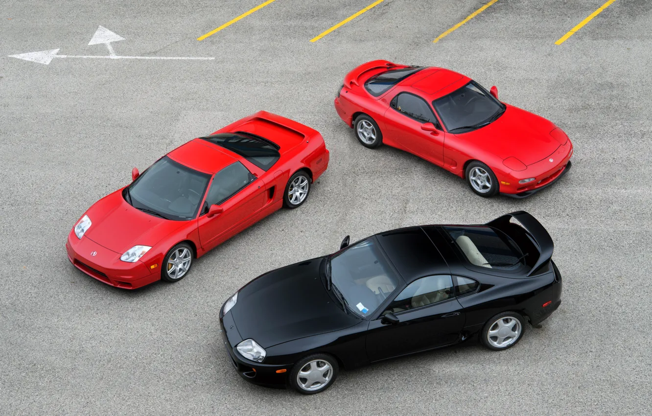 Photo wallpaper red, black, cars, Toyota Supra, Mazda RX-7, japanese, Honda NSX