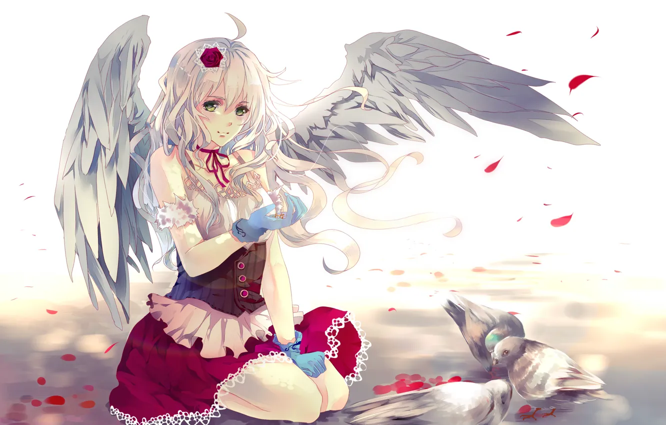 Photo wallpaper girl, birds, rose, wings, petals, art, pigeons, aiki-ame