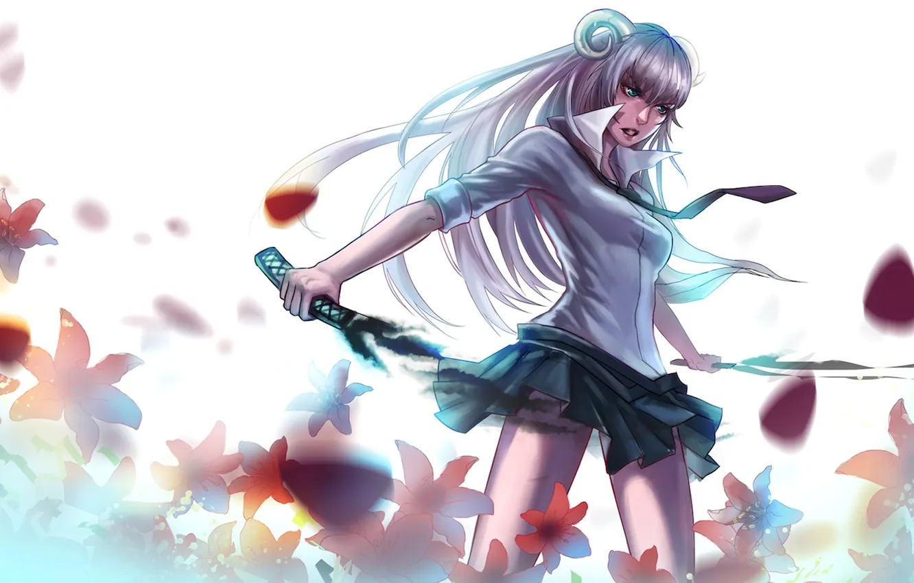 Photo wallpaper girl, flowers, anime, horns