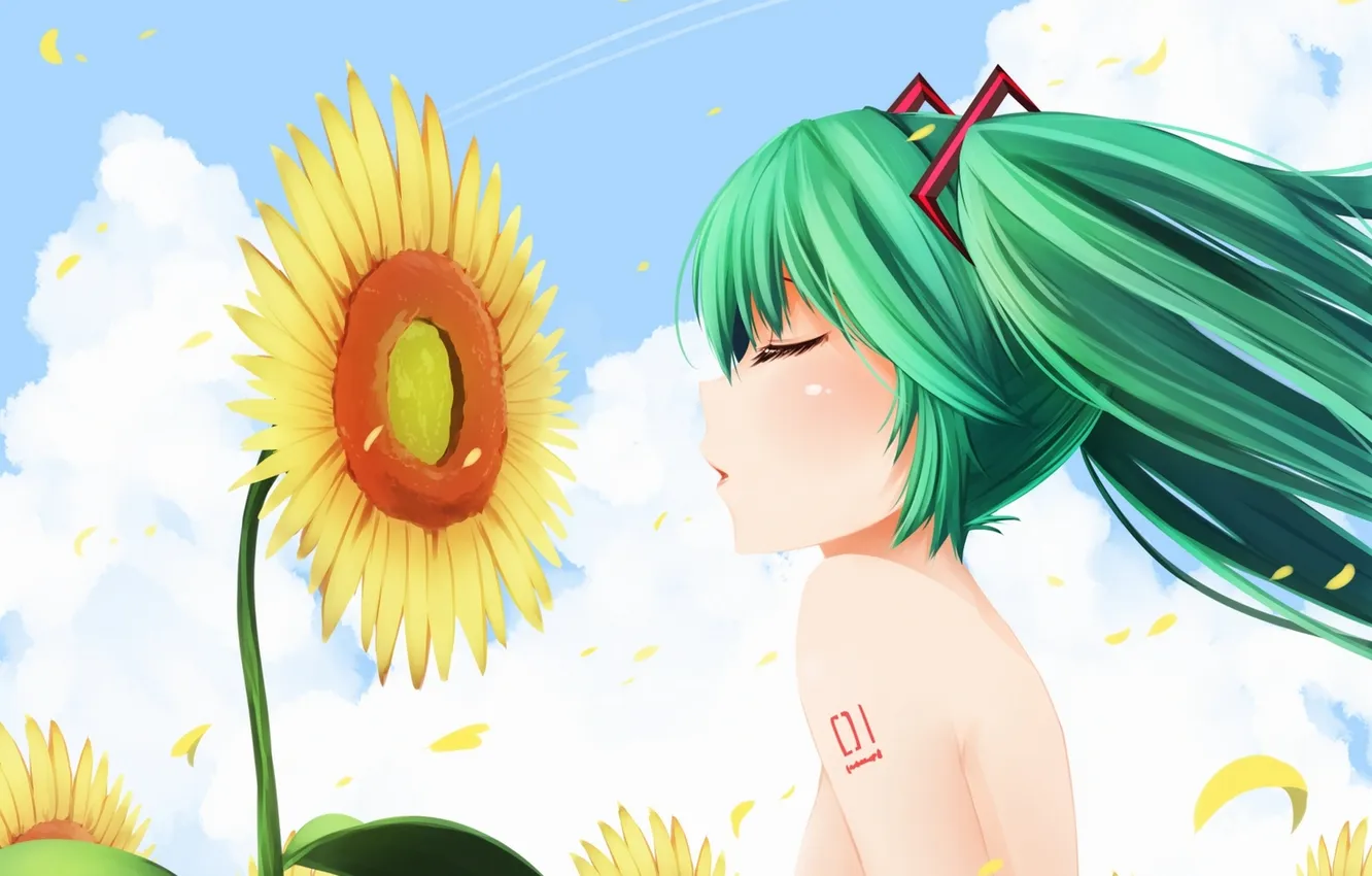 Photo wallpaper the sky, girl, clouds, sunflowers, anime, art, vocaloid, hatsune miku