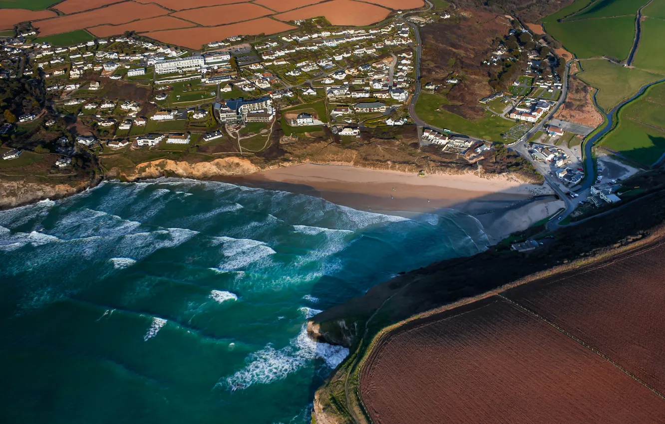 Photo wallpaper sea, field, home, Bay, the village