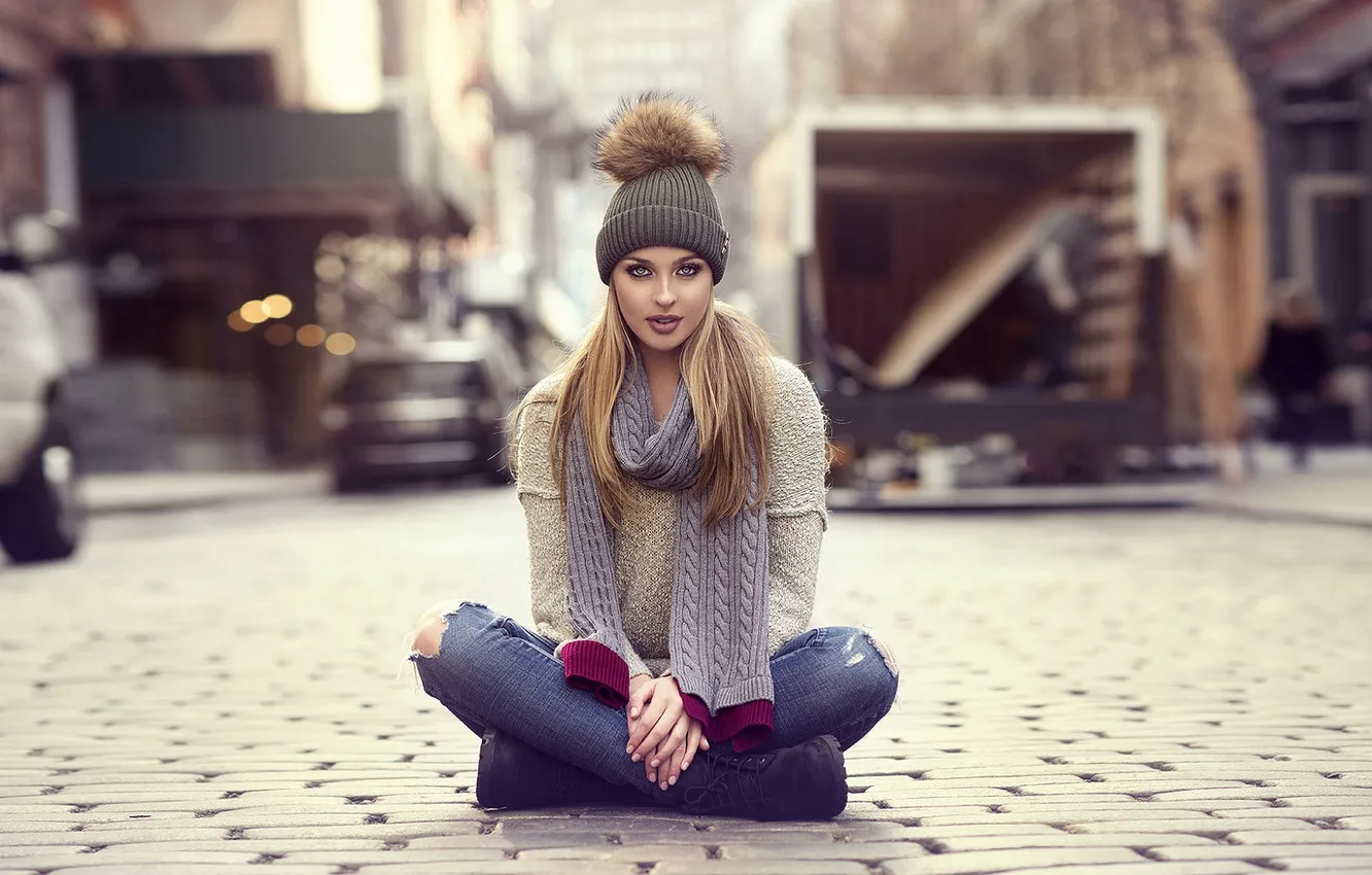 Photo wallpaper girl, photo, hat, jeans, pavers, scarf, blonde, girl