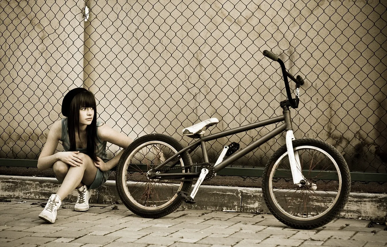 Photo wallpaper girl, bike, the fence, bmx