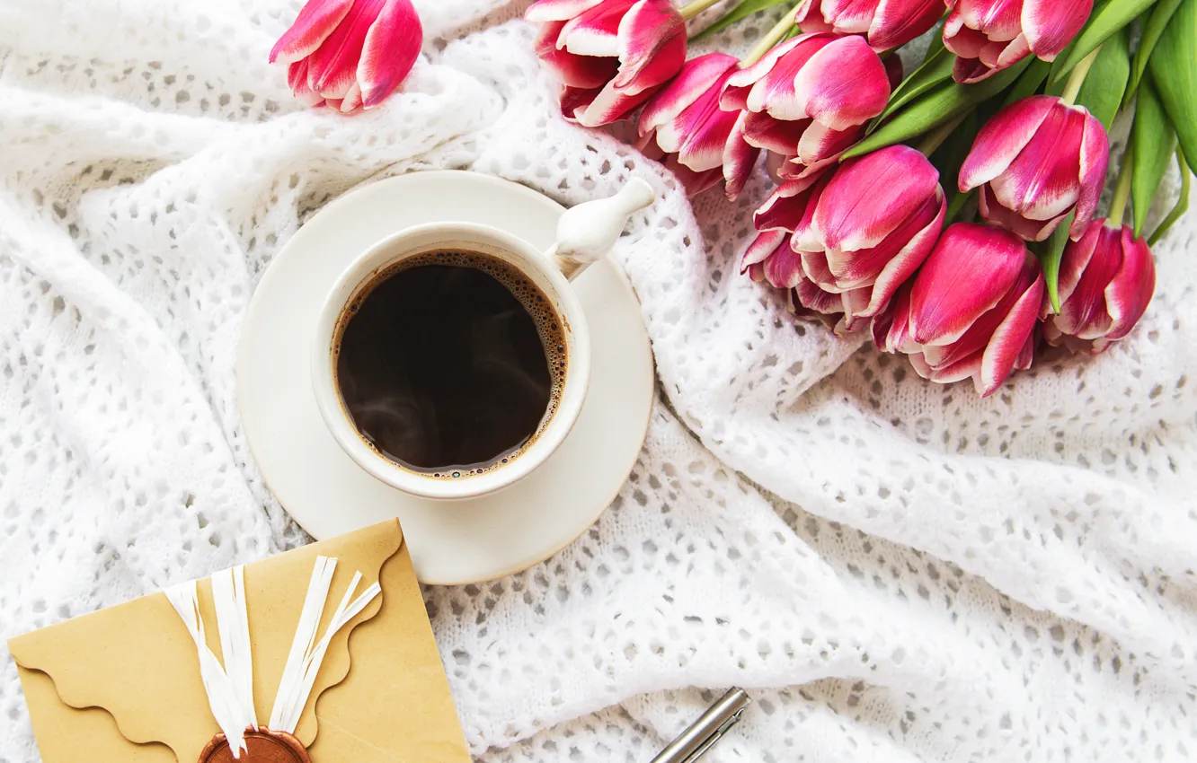 Photo wallpaper coffee, bouquet, Cup, tulips, the envelope, Olena Rudo