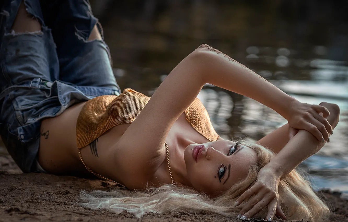 Photo wallpaper look, girl, pose, jeans, hands, top